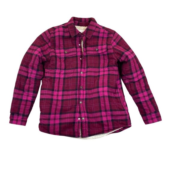 Place Women's Shirt Jacket XXL Burgundy Sherpa Lined Flannel Shacket Snaps Plaid - Picture 1 of 11